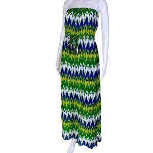 Vince Camuto Geometric Print Strapless Maxi Dress Green Yellow Blue Small